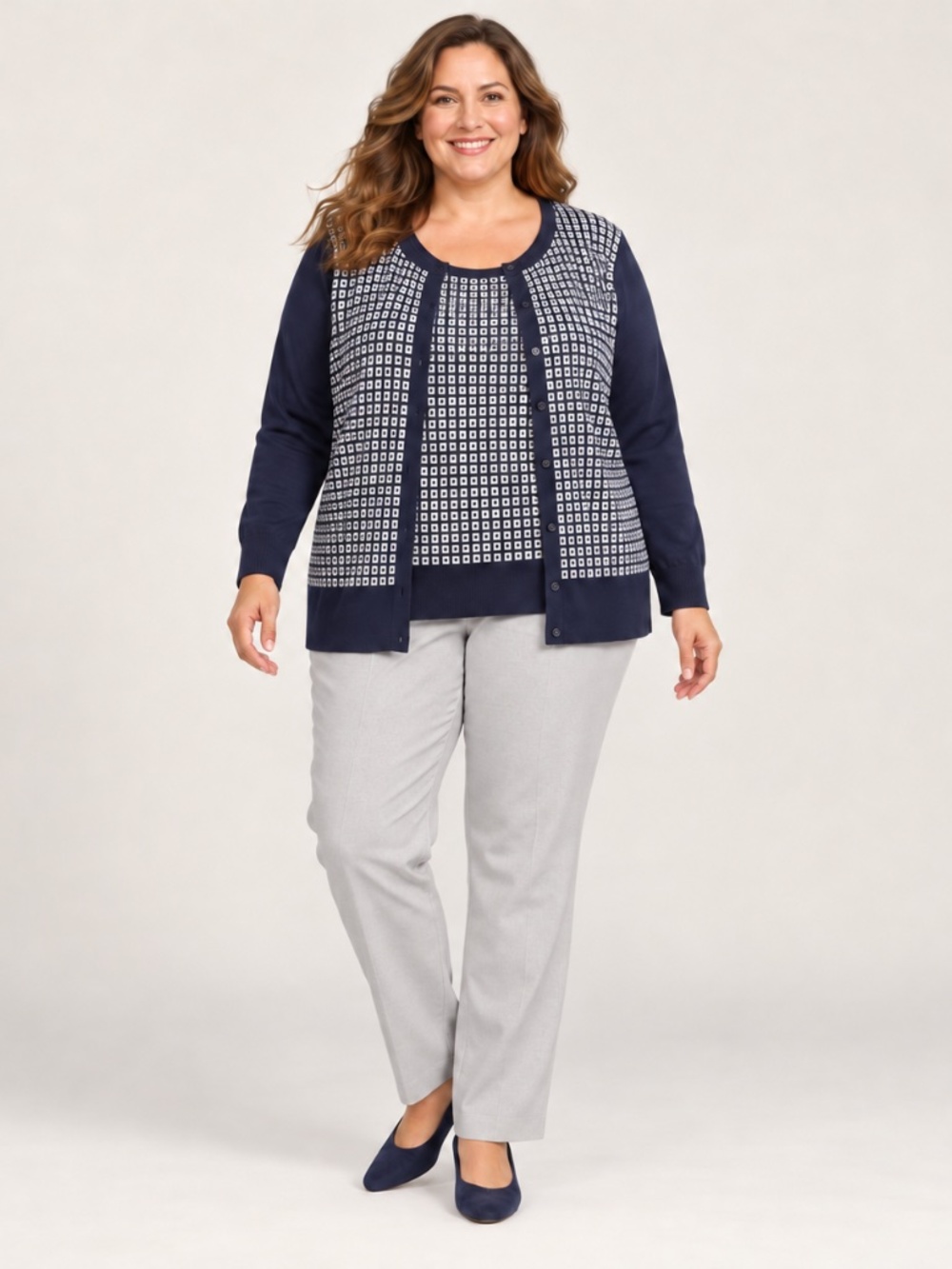 Lands’ End 2X Navy Ivory Supima Cotton Cardigan Shell 2 Piece Twinset